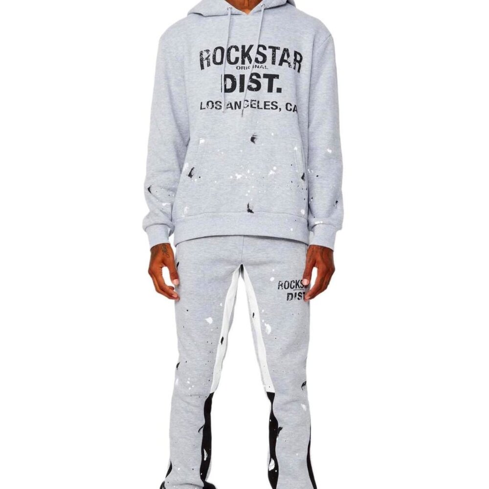 Rockstar “Scottie Heather Grey Paint Splatter Hoodie/ Stacked Flare Track Set”